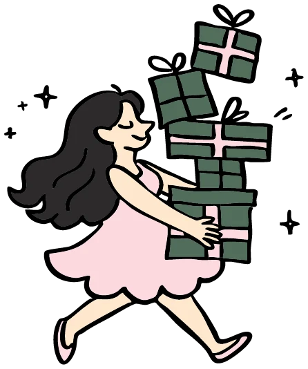 Kartini carrying a stack of gifts